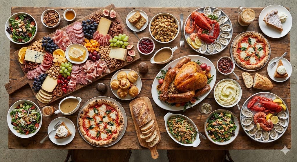 A beautiful spread of home-cooked meals on a rustic wood table